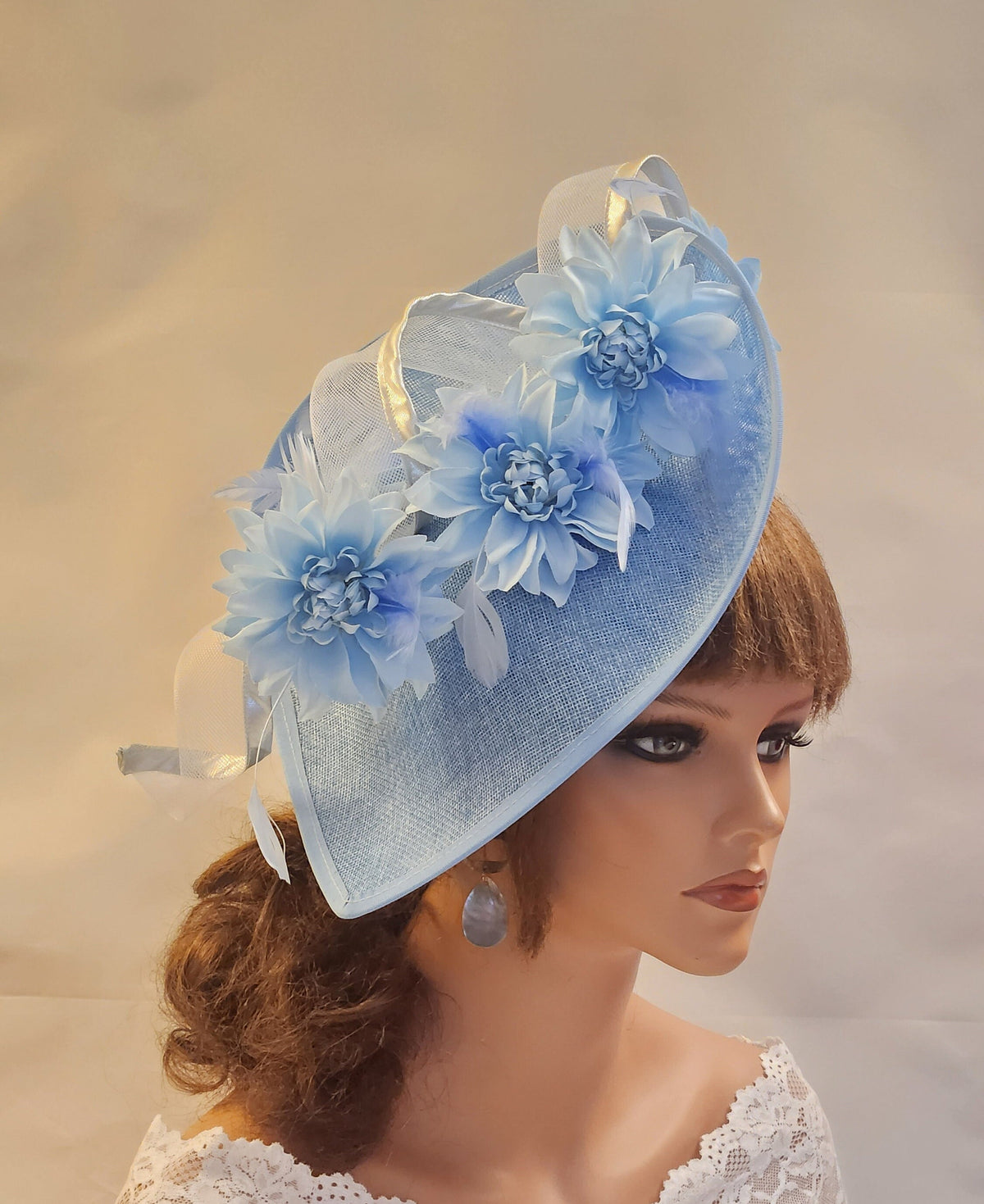 Blue Fascinator. Large saucer hatinator with long Crinoline Swril & Flowers. Church,Kentucky Derby,Ascot, Wedding TeaParty hat. Mother of Bride/Groom Hatinator