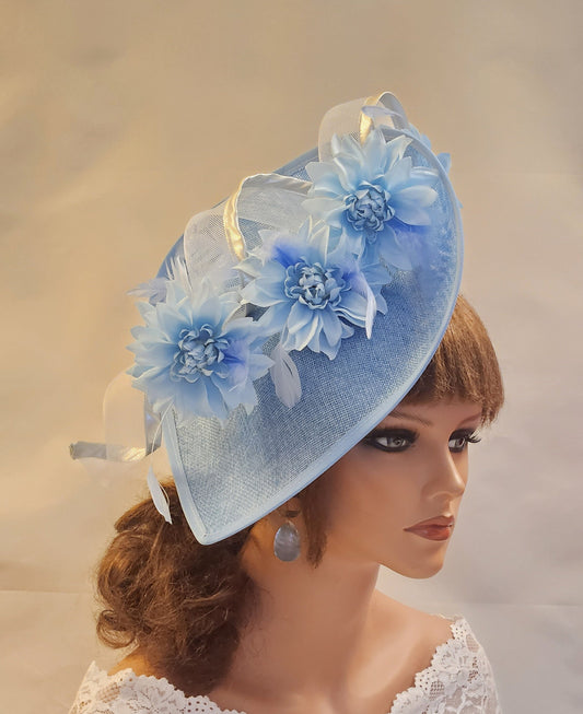 Blue Fascinator. Large saucer hatinator with long Crinoline Swril & Flowers. Church,Kentucky Derby,Ascot, Wedding TeaParty hat. Mother of Bride/Groom Hatinator