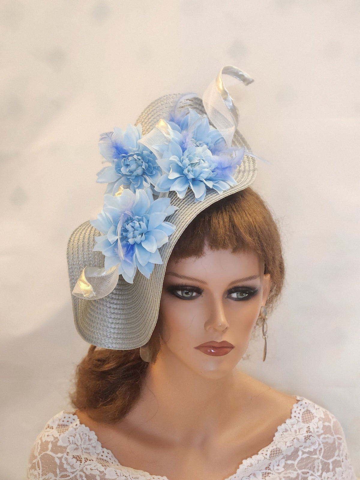 Silver & Blue Fascinator: Derby Wedding Hat with Light Blue Flowers