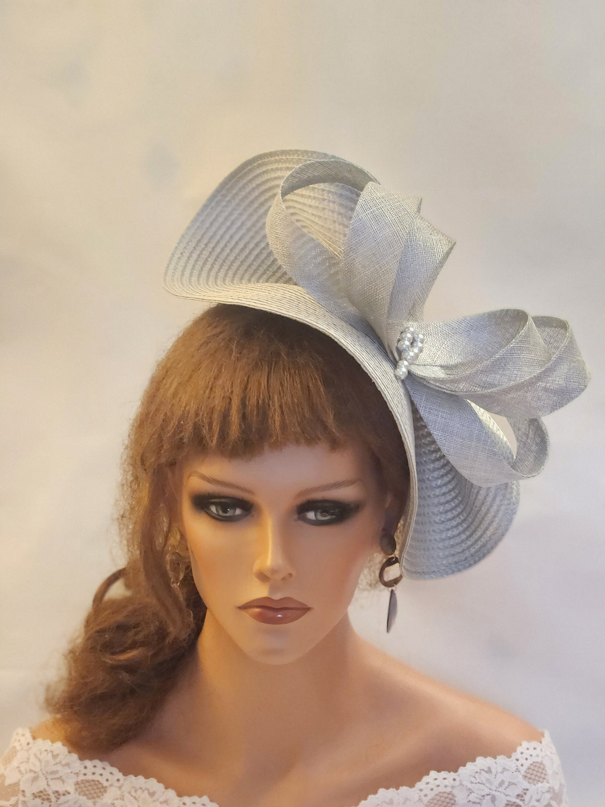 Silver Grey Sinamay Fascinator: Feather Bow Hatinator