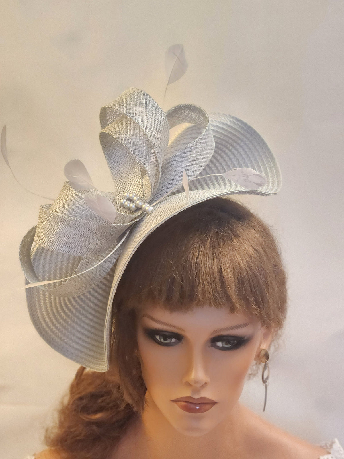 Silver Grey Sinamay Fascinator: Feather Bow Hatinator
