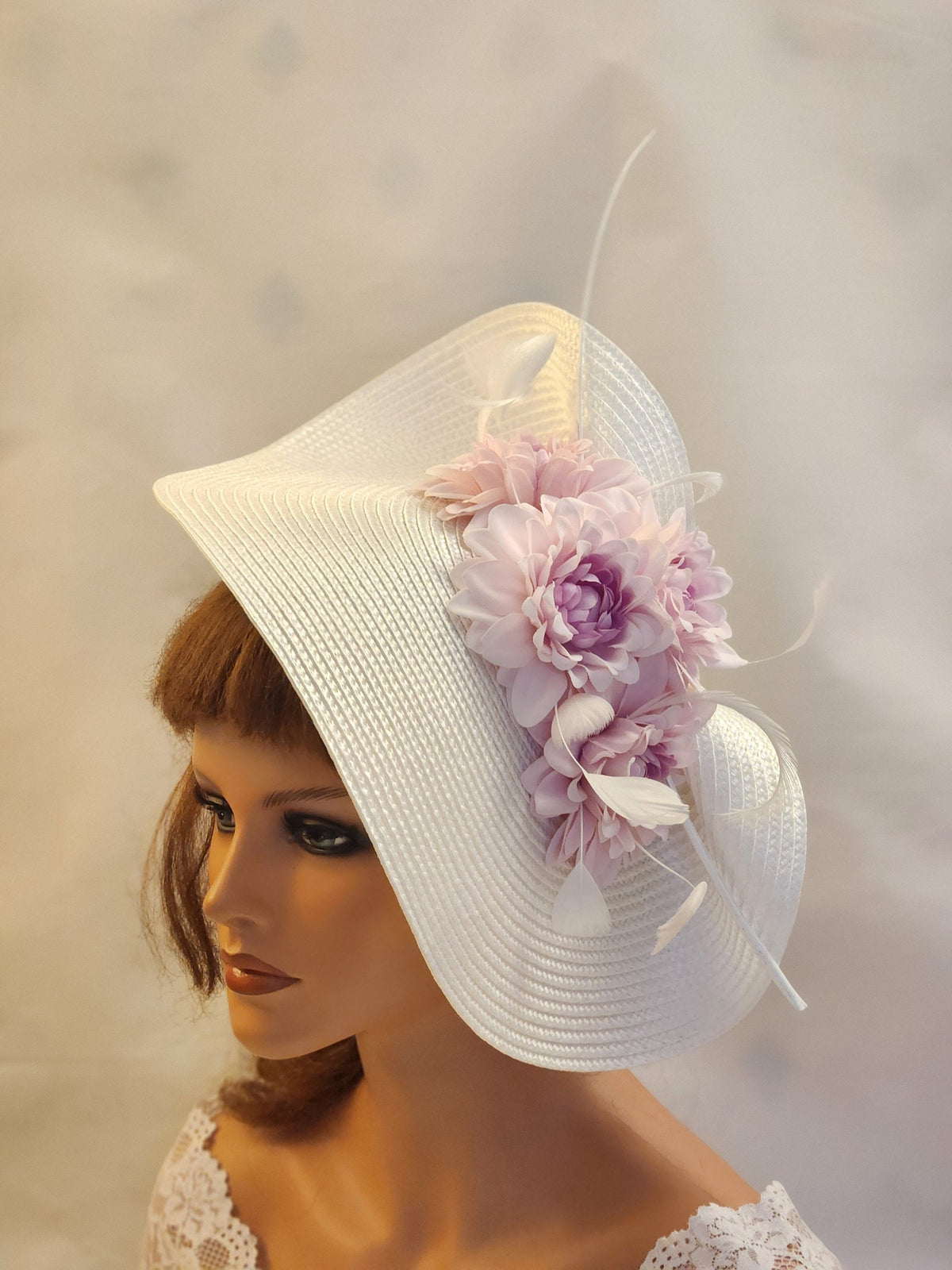 White Straw Hat Fascinator: Pink Floral Quill Feather Derby Wedding Headpiece