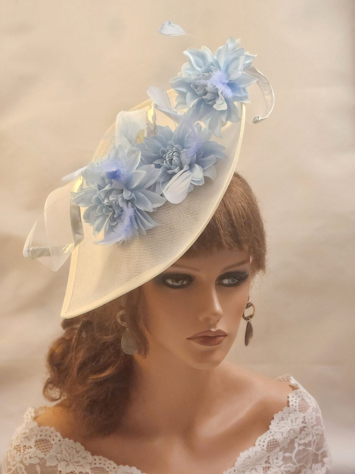 White and Blue Fascinator Hat: Floral Teardrop hat Wedding,Ascot, Derby Hatinator