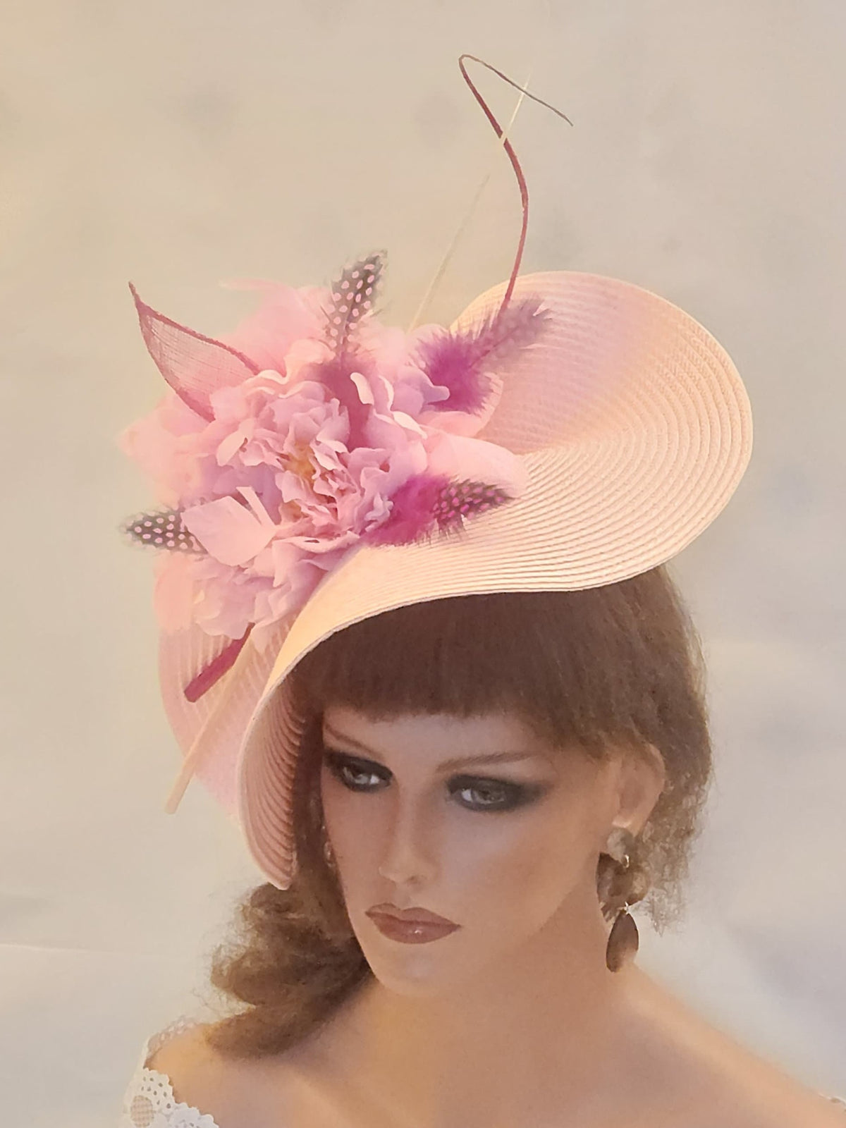 Pink Saucer Hatinator: Floral Quill Feather Ascot Derby Hat