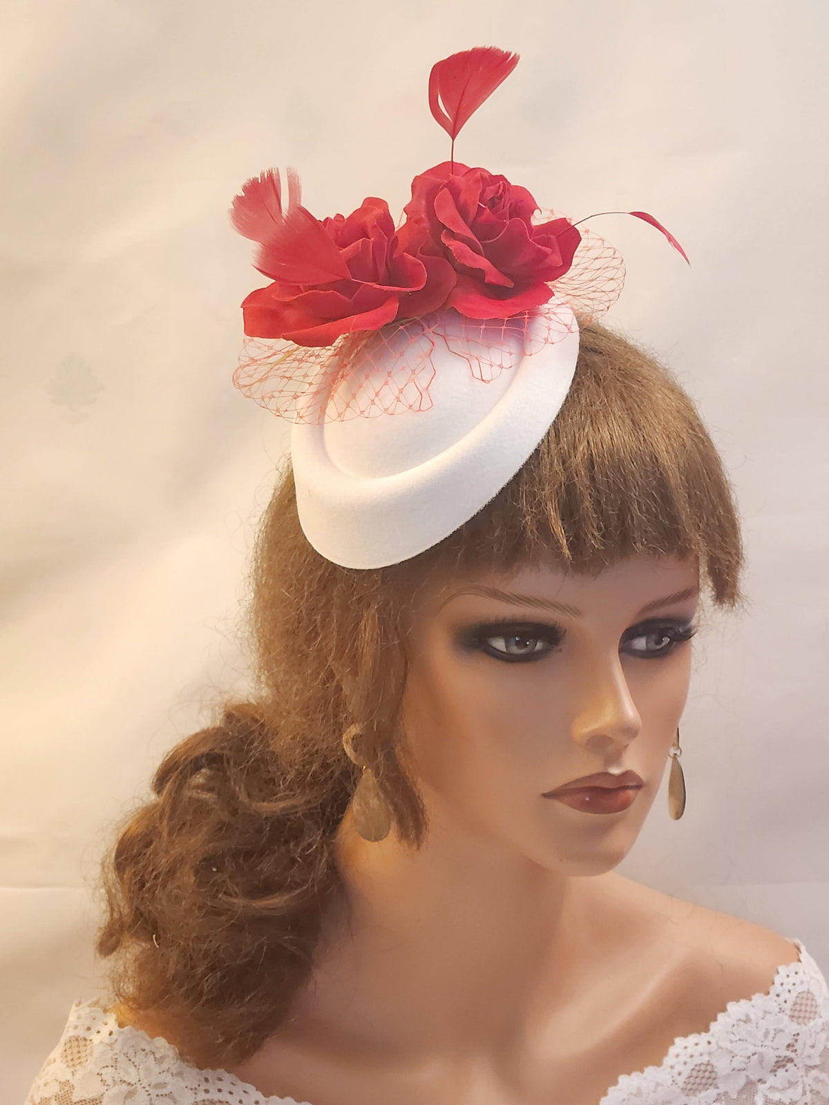 White Pillbox Fascinator Hat: Red Roses, Feathers, Vintage Style