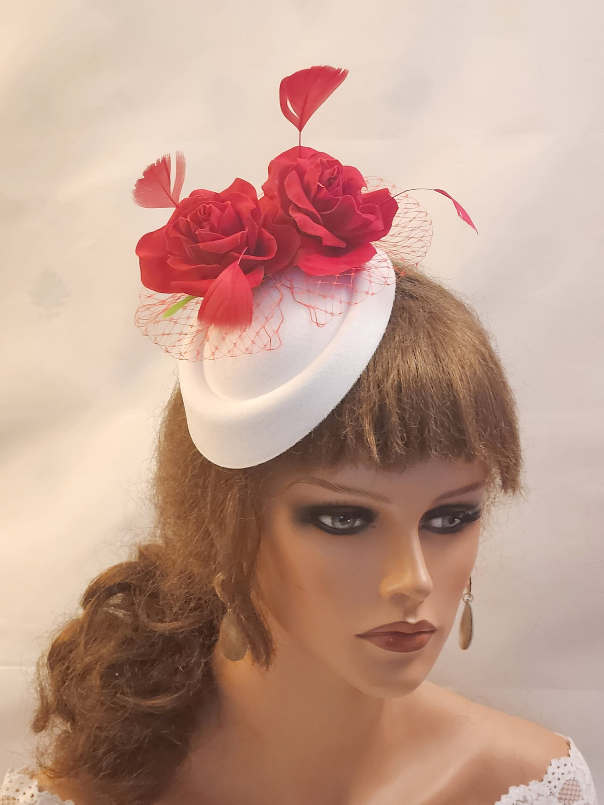White Pillbox Fascinator Hat: Red Roses, Feathers, Vintage Style