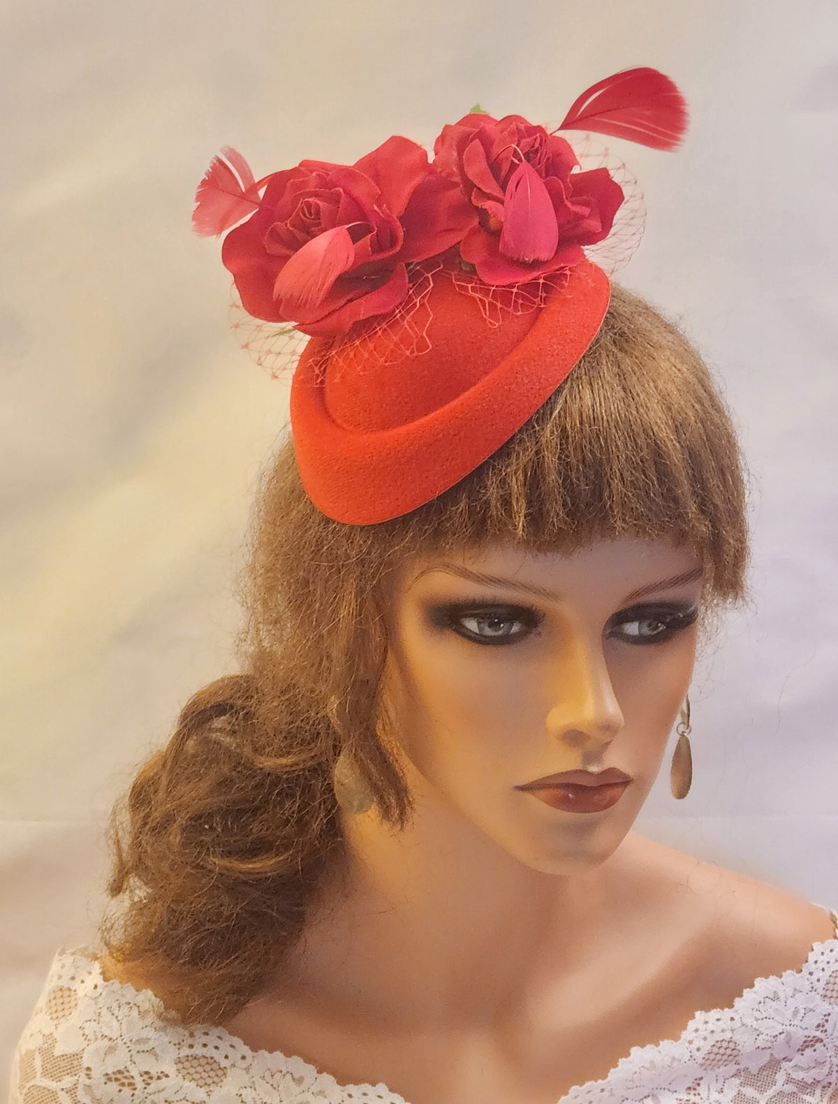White Pillbox Fascinator Hat: Red Roses, Feathers, Vintage Style