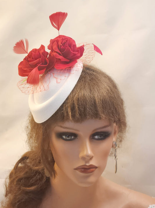 White Pillbox Fascinator Hat: Red Roses, Feathers, Vintage Style