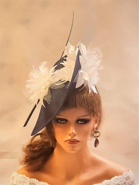 Navy Blue Teardrop Hatinator: Floral Quill Feather Ascot Hat
