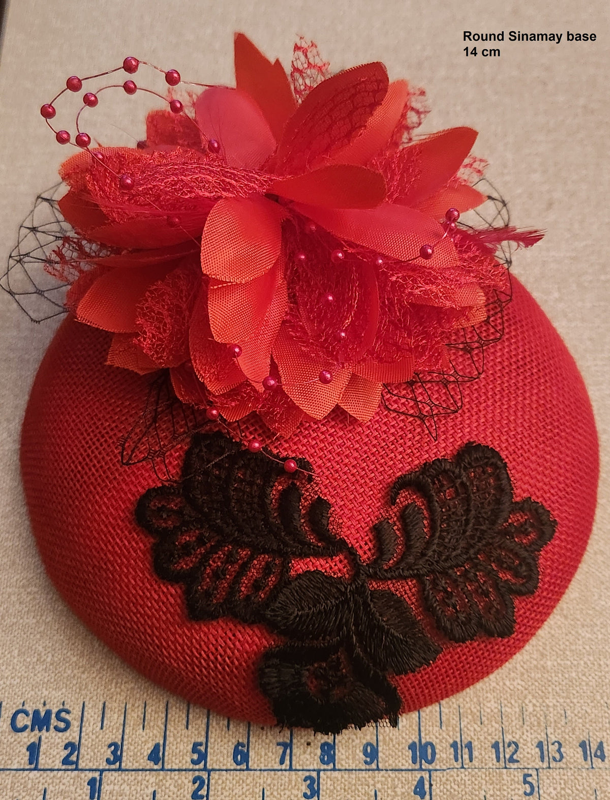 Red Sinamay Fascinator: Kentucky Derby Hat with Flower & Netting