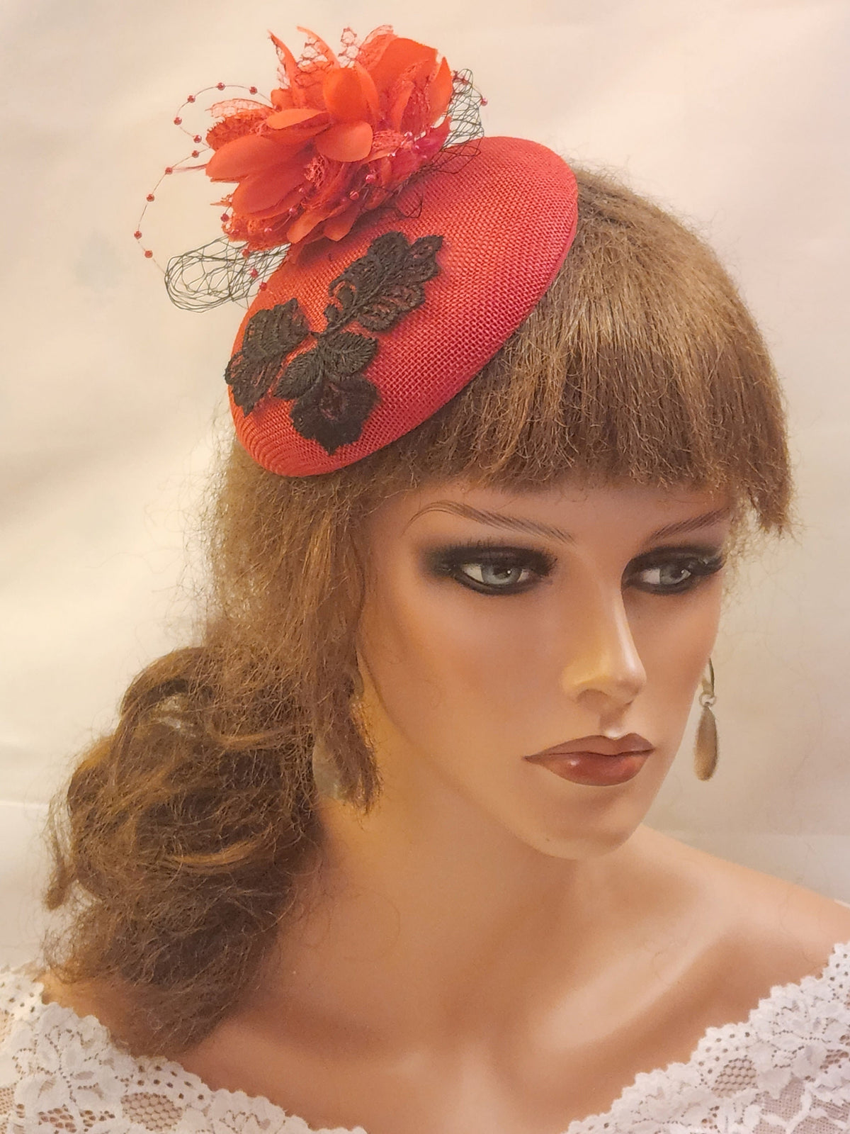 Red Sinamay Fascinator: Kentucky Derby Hat with Flower & Netting