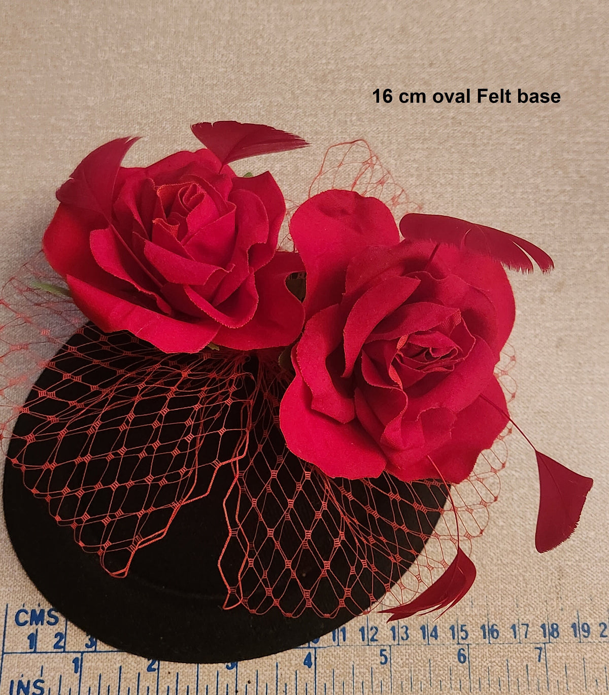 Black Pillbox Fascinator: Red Rose & Netting Derby Hat
