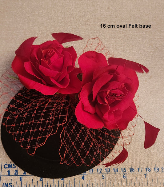 Black Pillbox Fascinator: Red Rose & Netting Derby Hat