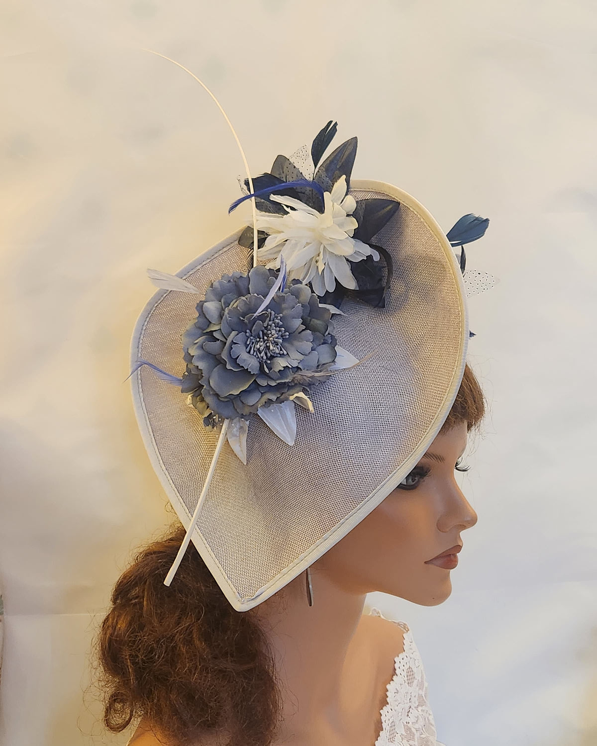 Floral Teardrop Hatinator: Gray, Navy & White Feather Quill Ascot Hat