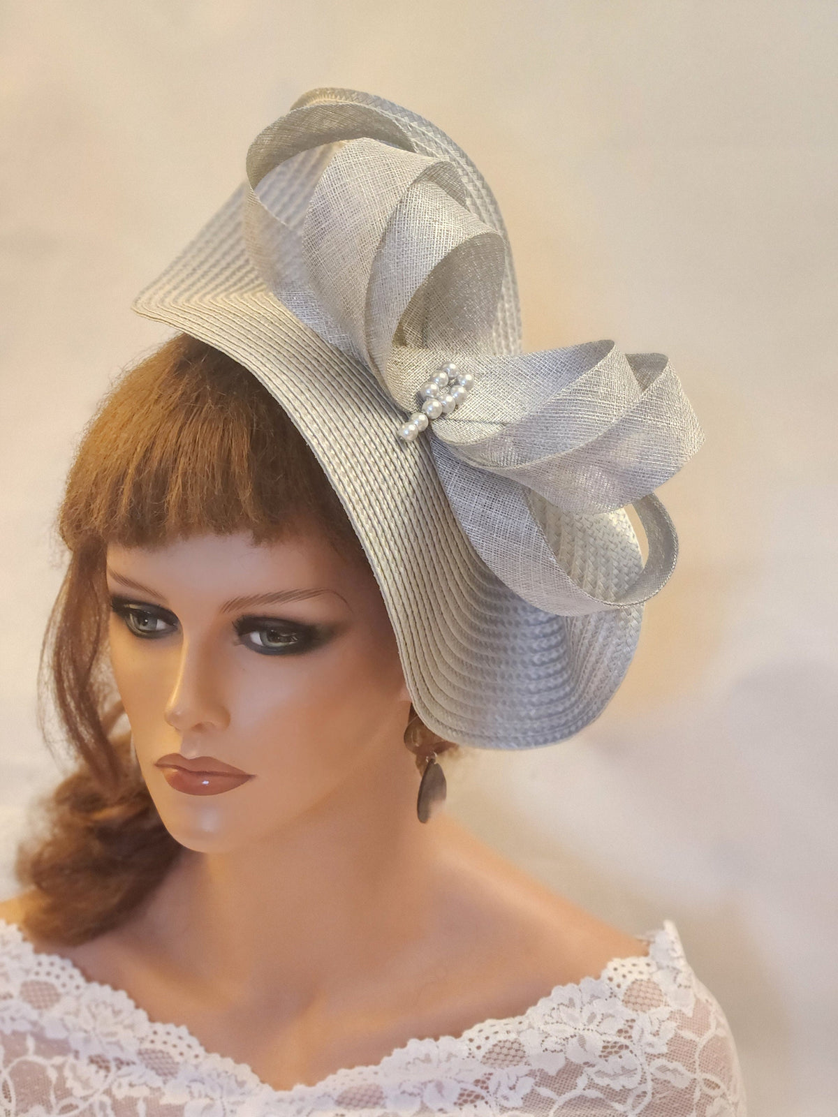 Silver Grey Sinamay Fascinator: Feather Bow Hatinator