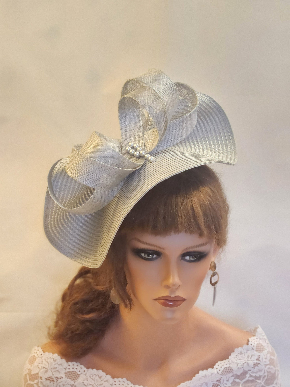 Silver Grey Sinamay Fascinator: Feather Bow Hatinator