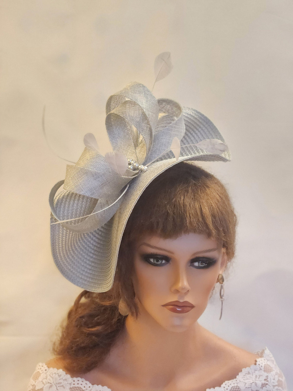 Silver Grey Sinamay Fascinator: Feather Bow Hatinator