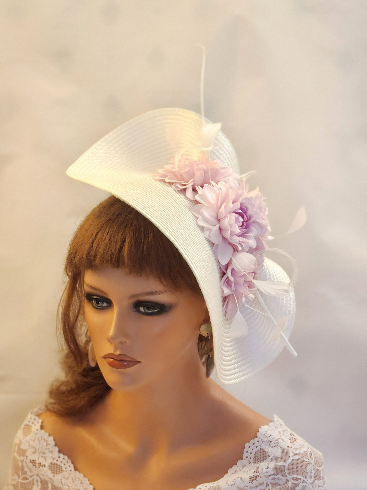 White Straw Hat Fascinator: Pink Floral Quill Feather Derby Wedding Headpiece