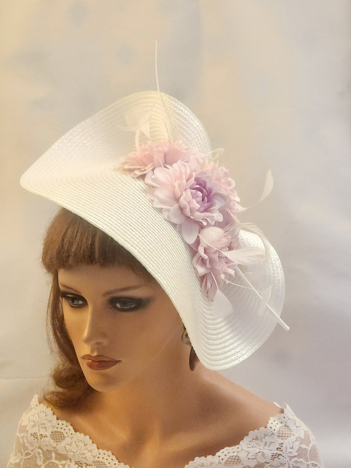 White Straw Hat Fascinator: Pink Floral Quill Feather Derby Wedding Headpiece