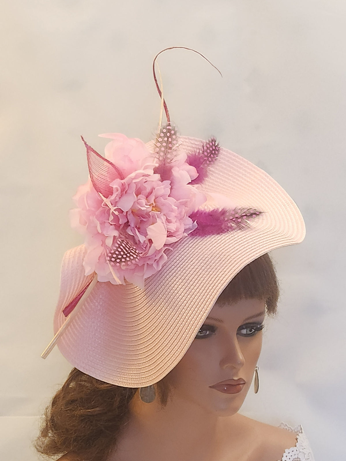 Pink Saucer Hatinator: Floral Quill Feather Ascot Derby Hat