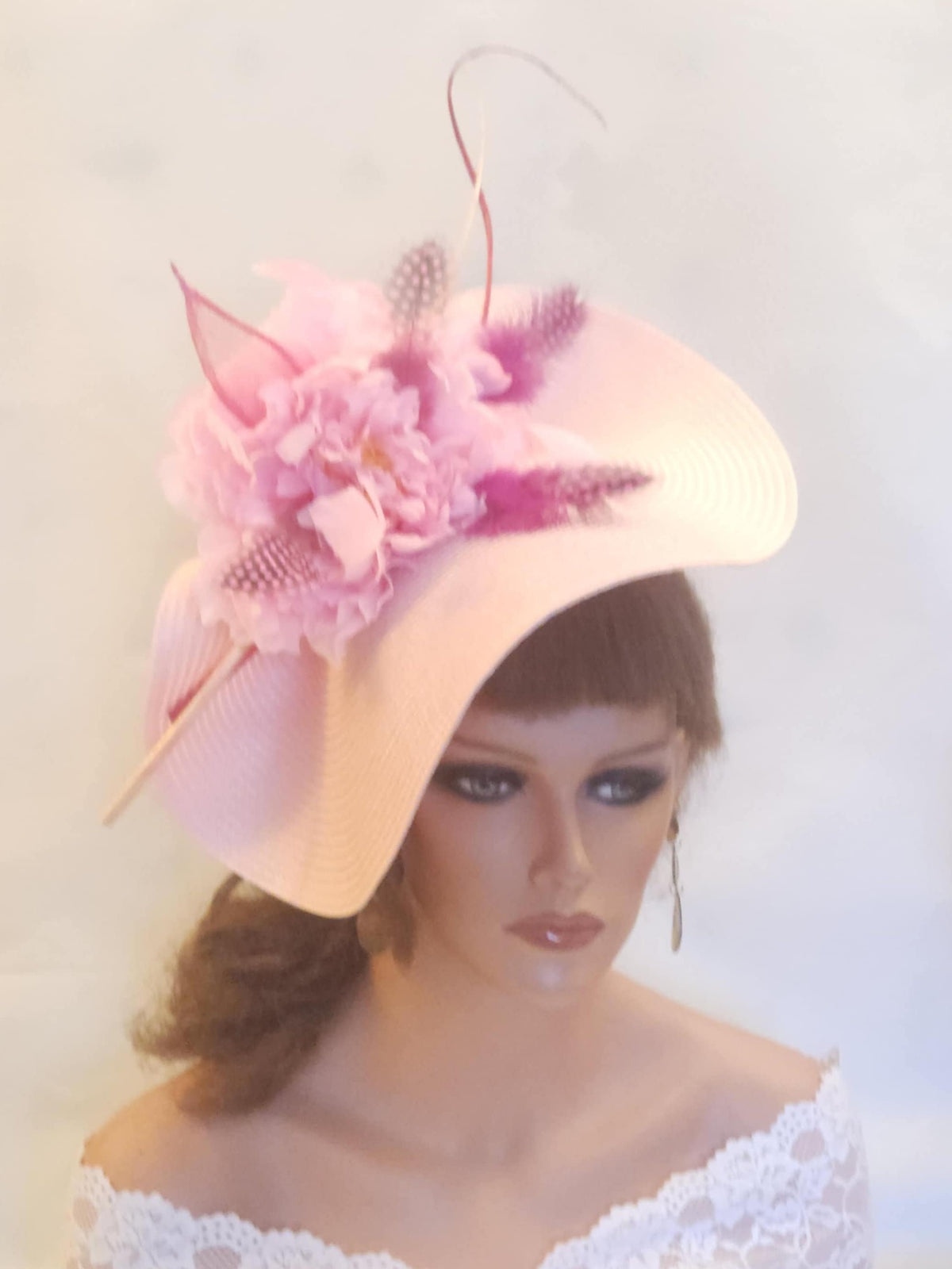Pink Saucer Hatinator: Floral Quill Feather Ascot Derby Hat