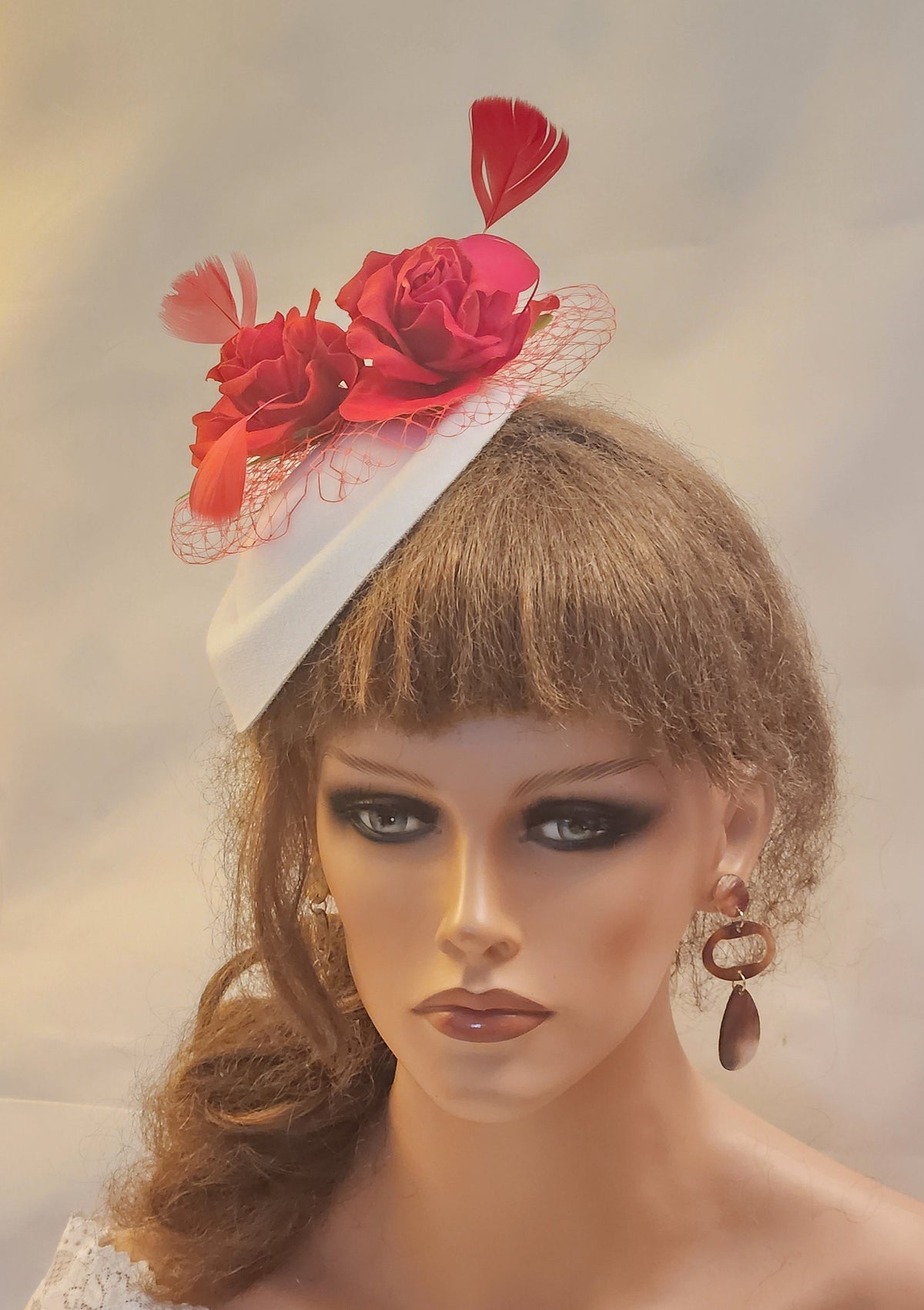 White Pillbox Fascinator Hat: Red Roses, Feathers, Vintage Style