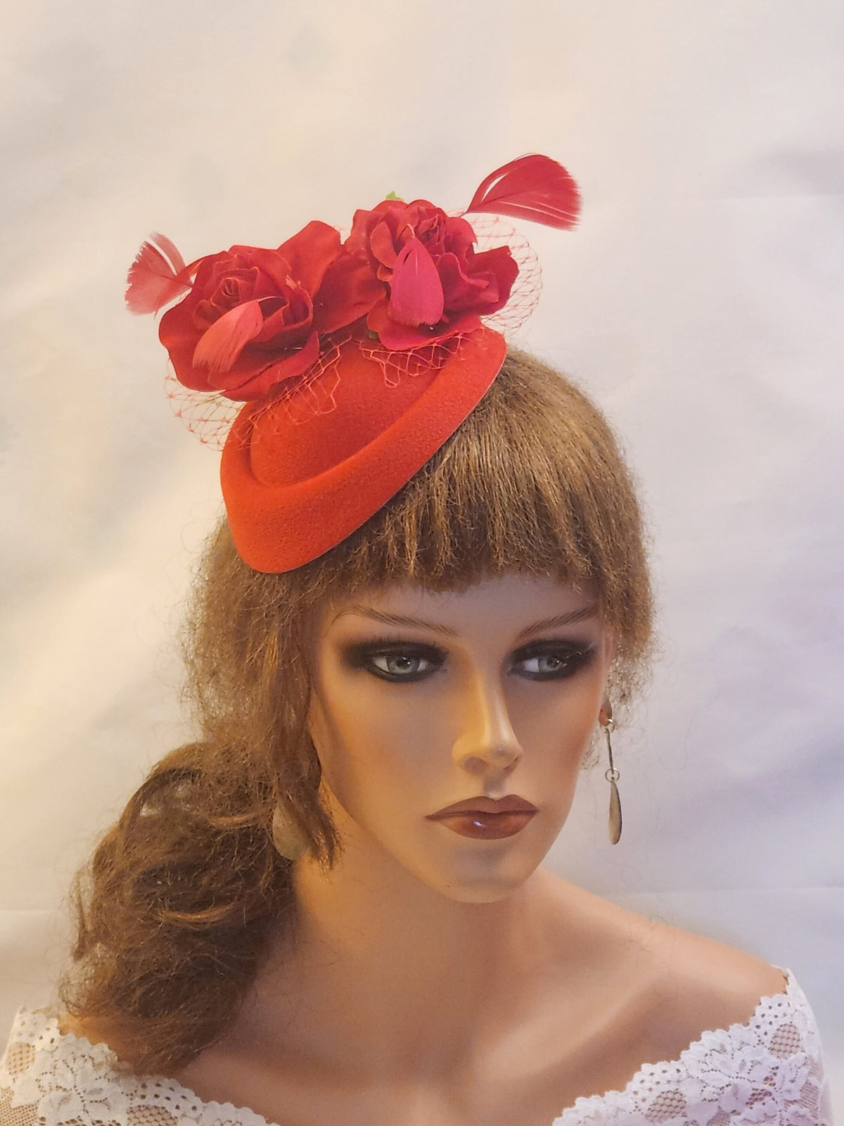 White Pillbox Fascinator Hat: Red Roses, Feathers, Vintage Style