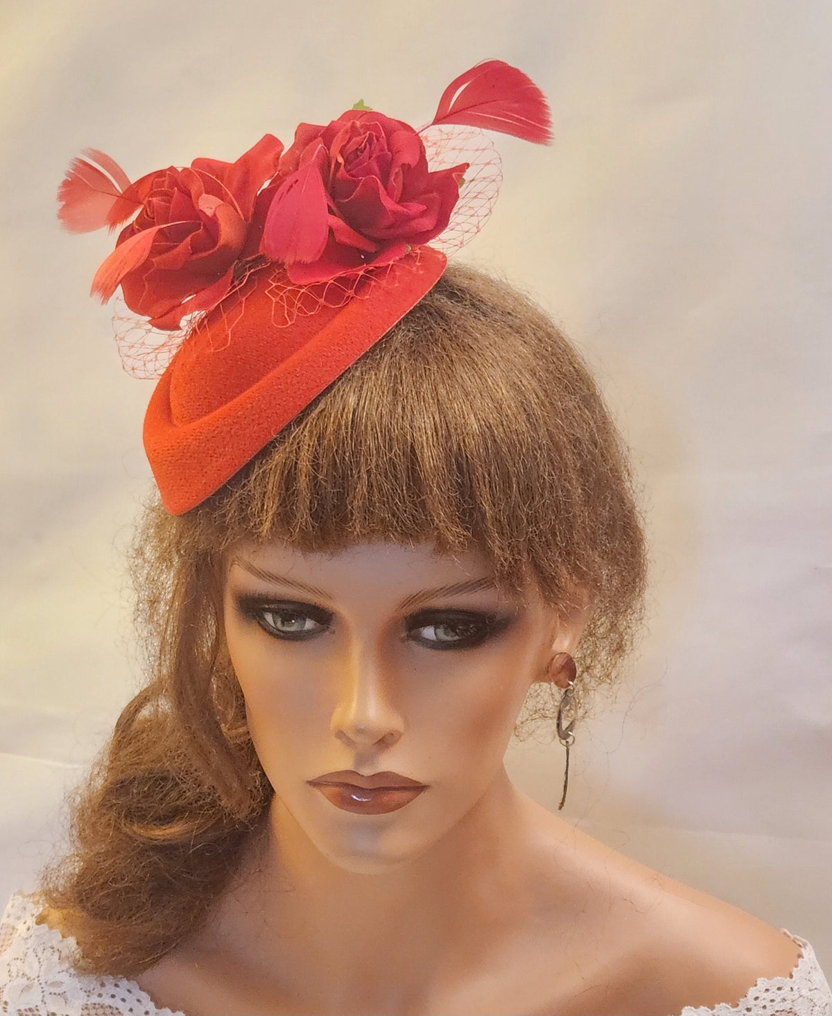 White Pillbox Fascinator Hat: Red Roses, Feathers, Vintage Style