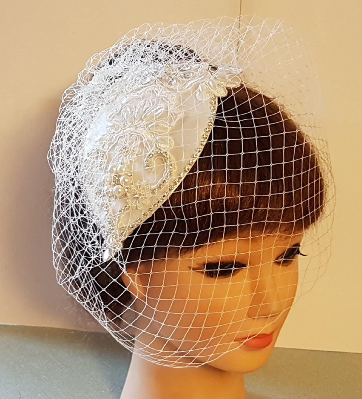 Bridal bird cage veil Fascinator hat White Ivory birdcage veil hat Bridal hatinator Crystal Pearl Fascinator 2Pc Veil & bridal hat headpiece