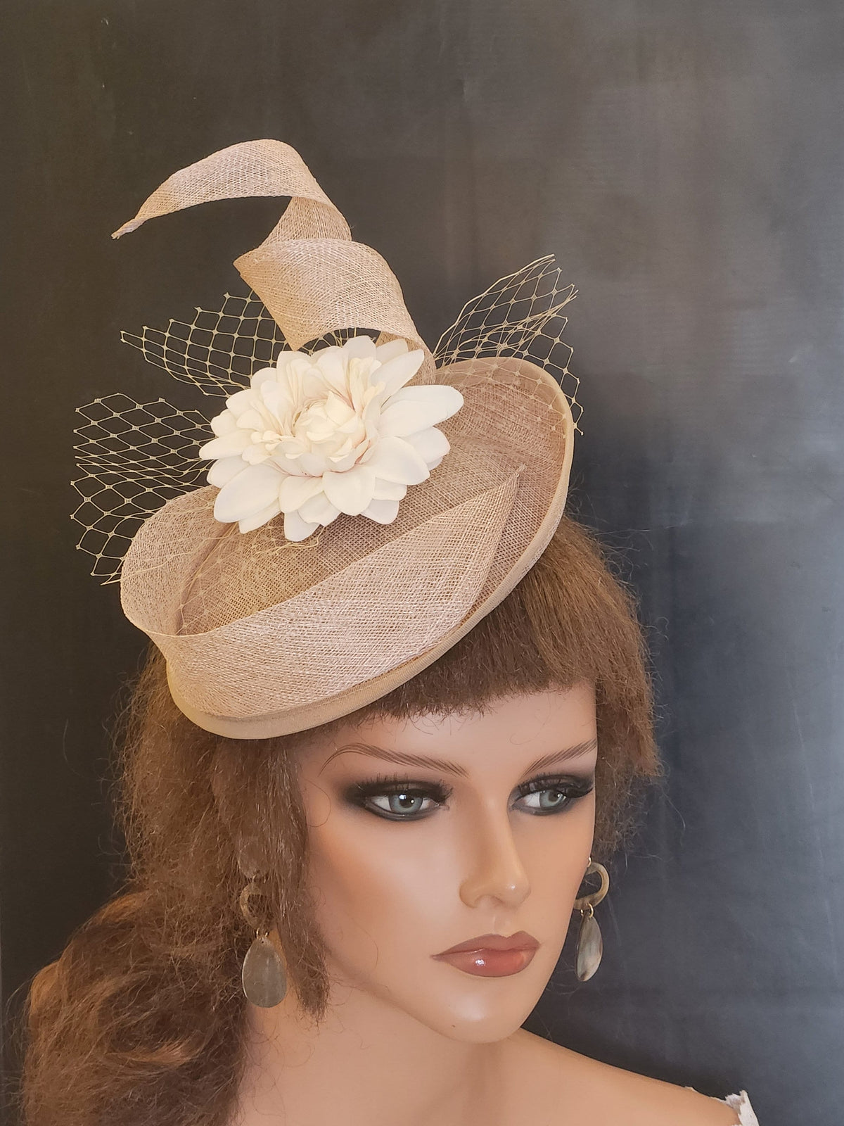 Champagne Sinamay Fascinator Hat, Flower Swirl Ascot Headband