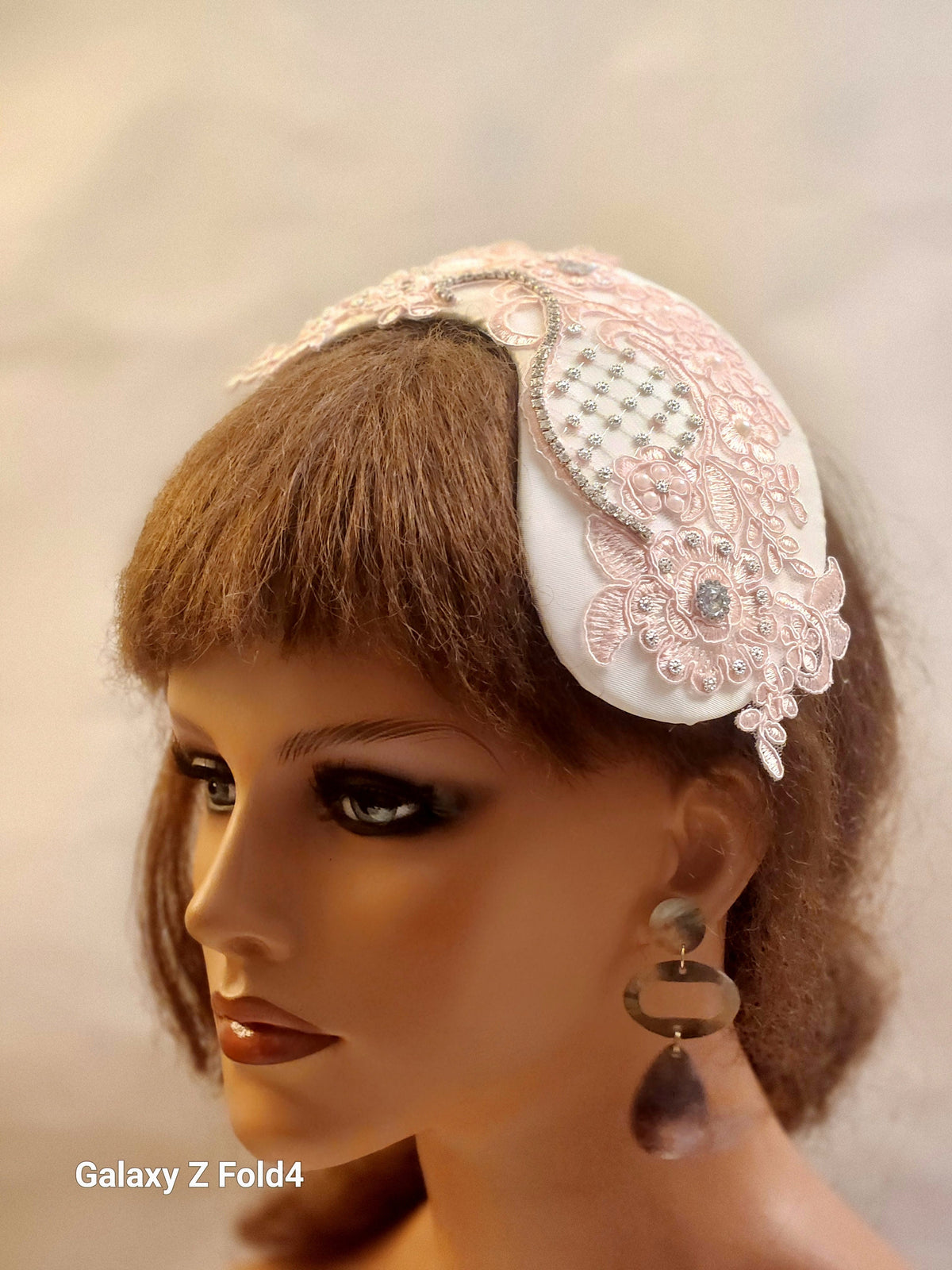 Blush Pink lace hat fascinator with birdcage veil