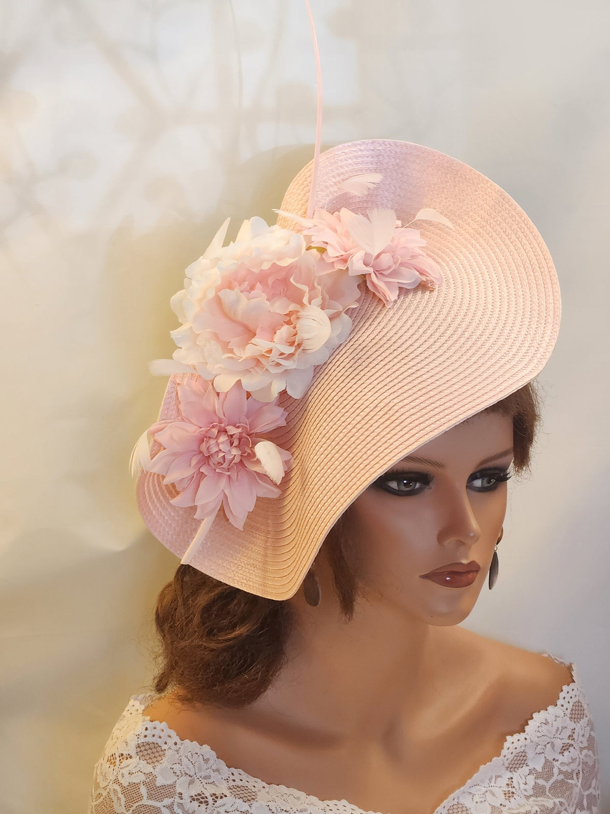 Pink Floral Fascinator Hat: Quill Feather Derby Ascot Headband