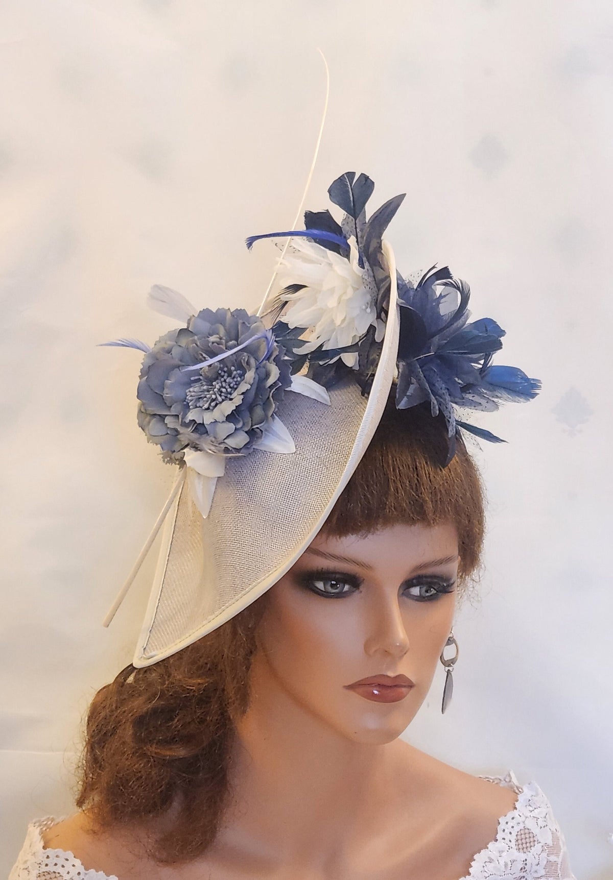 Floral Teardrop Hatinator: Gray, Navy & White Feather Quill Ascot Hat