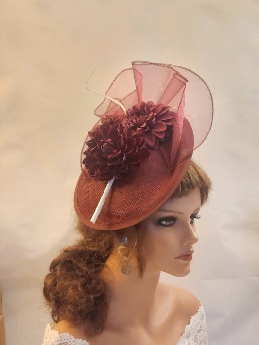 Burgundy Floral Fascinator Hat: Wedding, Ascot, Races
