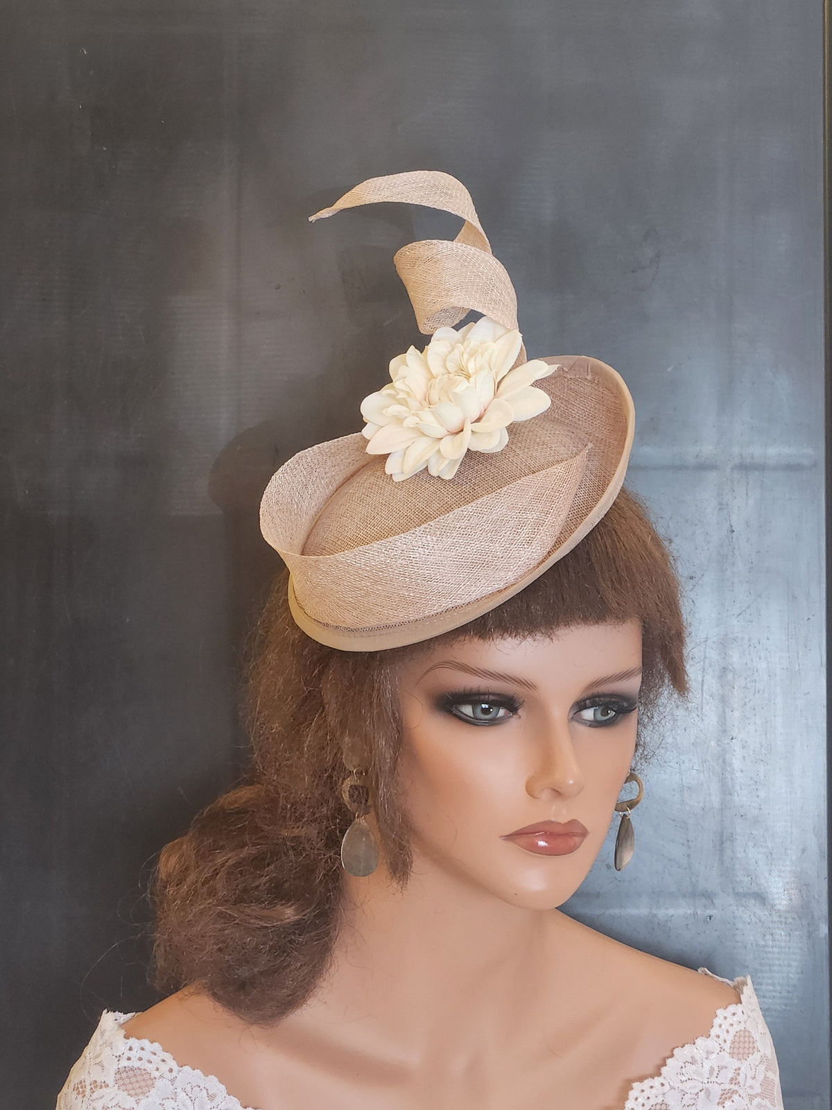 Champagne Sinamay Fascinator Hat, Flower Swirl Ascot Headband