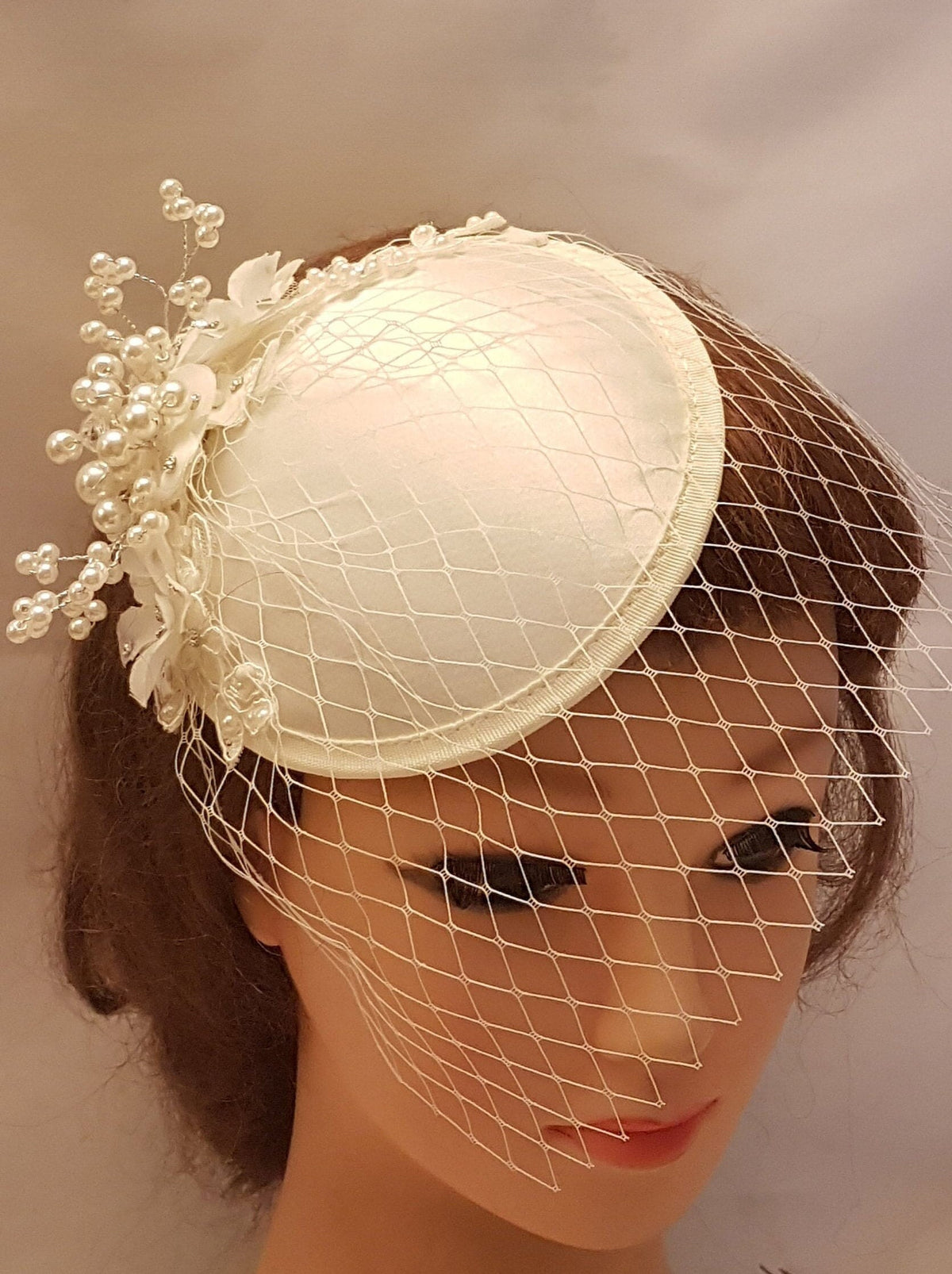 Ivory Bridal Birdcage Veil Fascinator, Crystal Pearl Wedding Headpiece