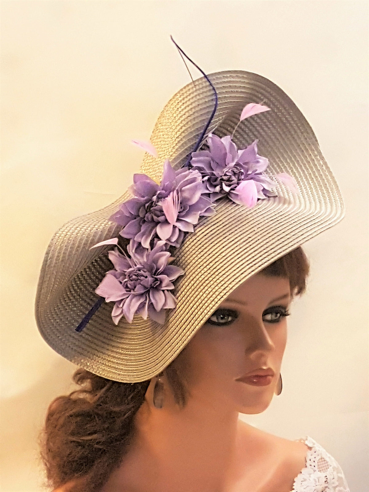 Lilac Floral Fascinator: Grey Derby Hat, Wedding Ascot Hatinator