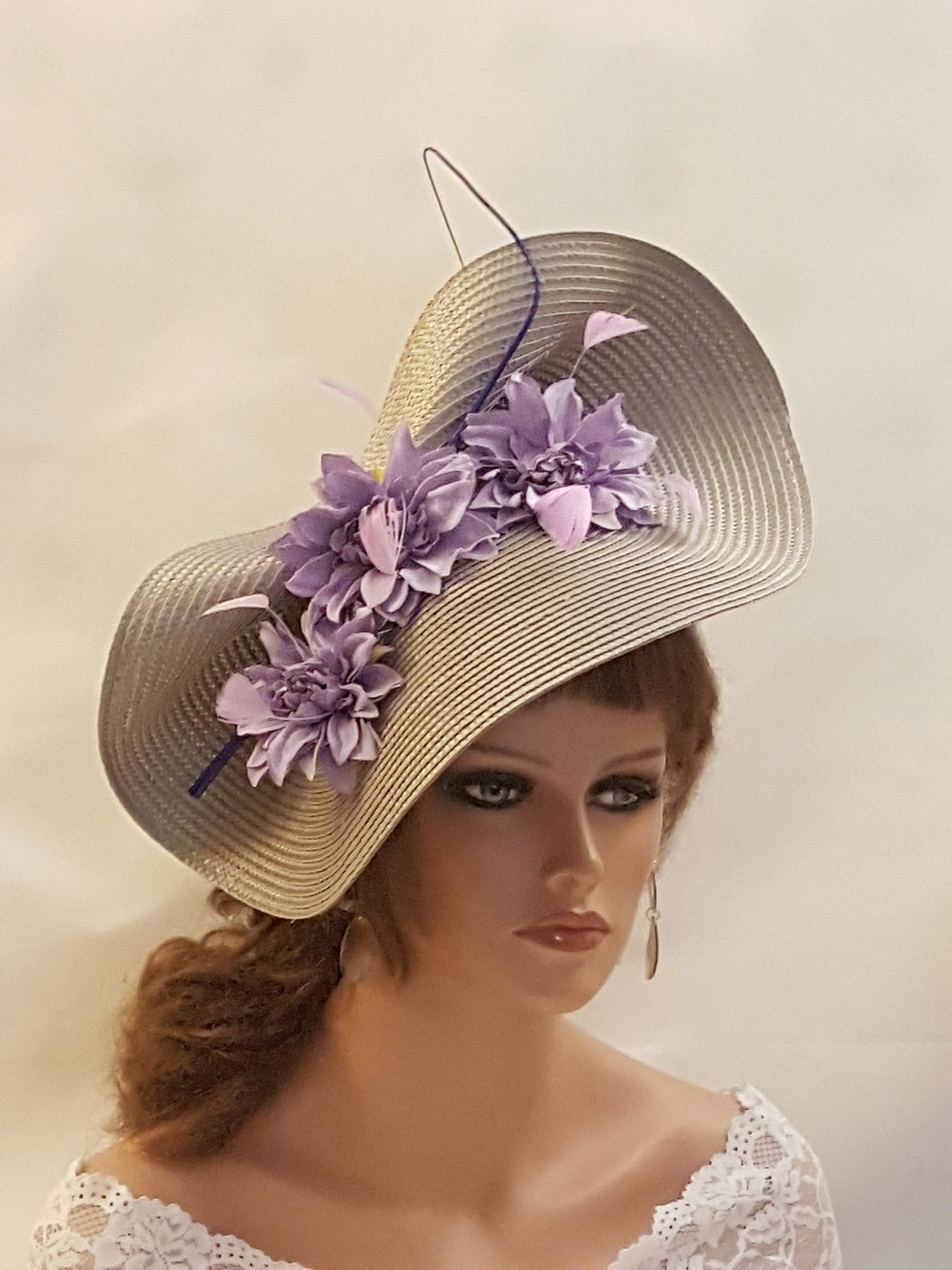 Lilac Floral Fascinator: Grey Derby Hat, Wedding Ascot Hatinator