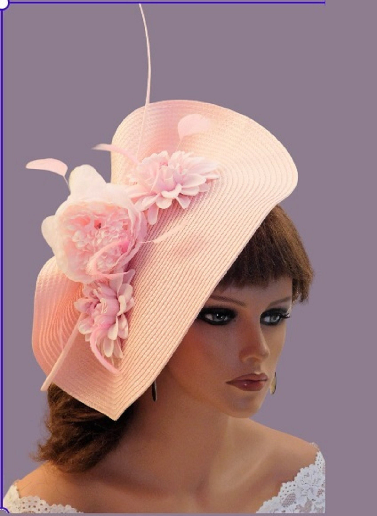 May include: A pink straw hat with a large pink flower
