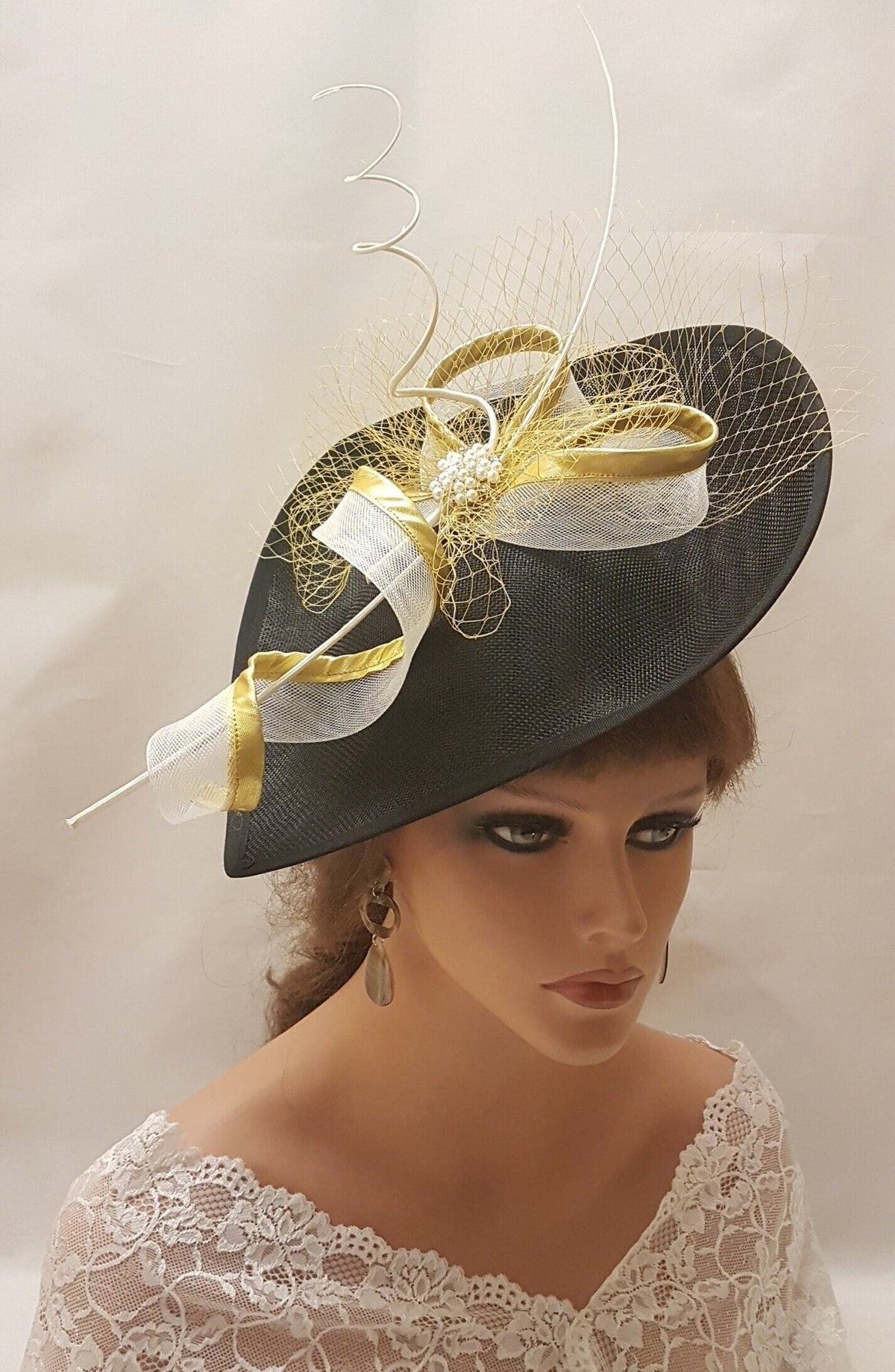BLACK & GOLD Hat Fascinator with Crinoline Gold edge Swril,long Quill Feather  and Netting detail .Perfect for Church Derby Ascot Race Wedding TeaParty. Mother of the Bride/Groom Fascinator hat