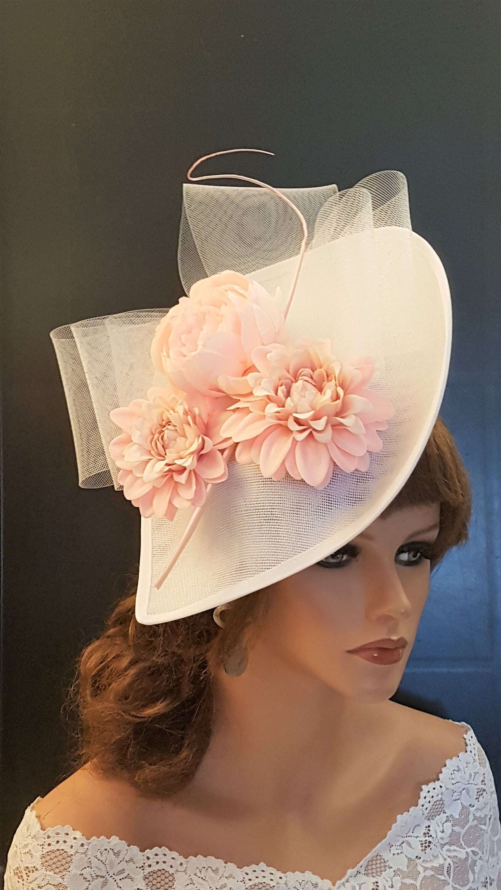 White Pink Floral Derby Hat: Quill Feather, Wedding Guest Fascinator
