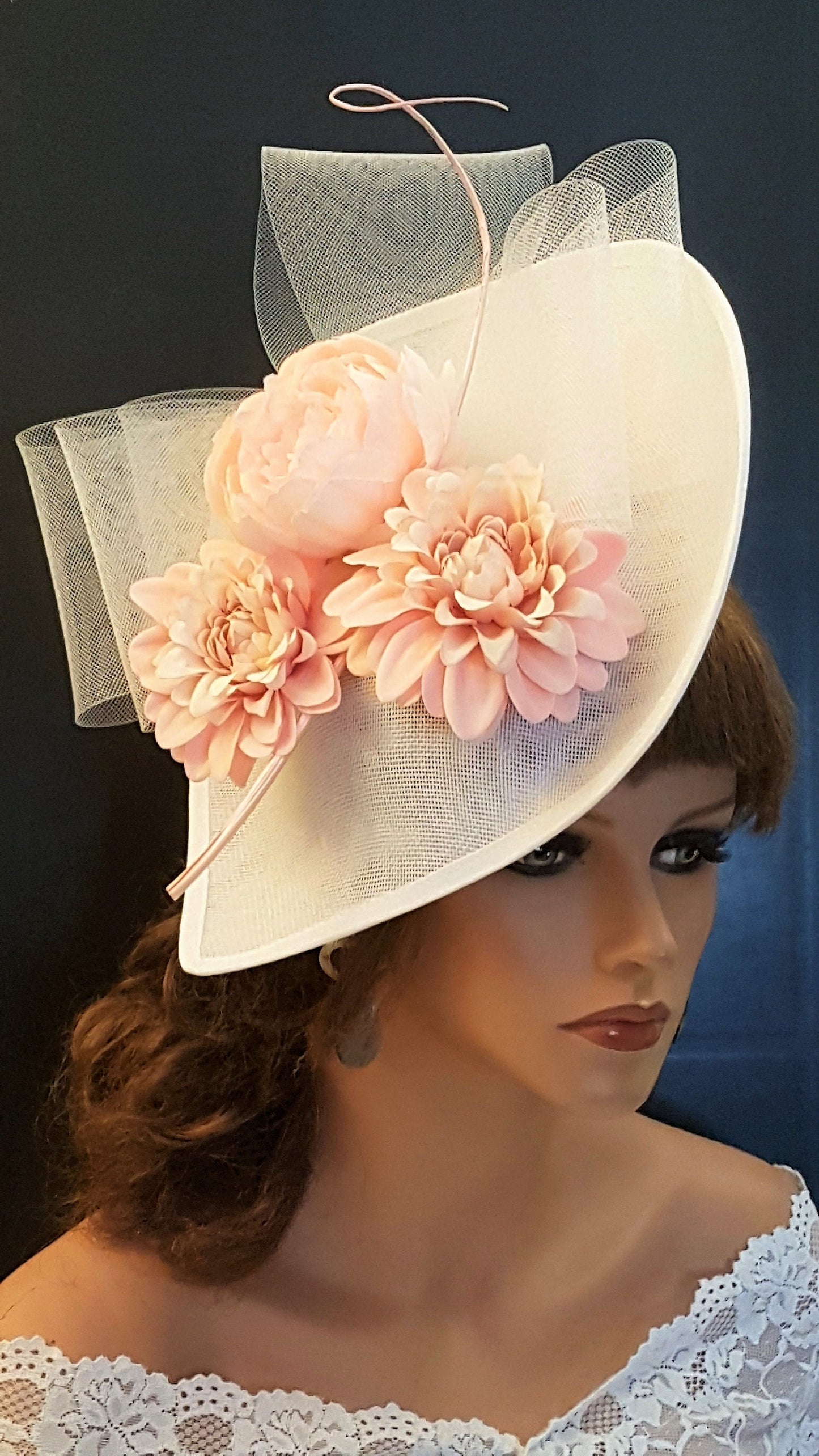 White Pink Floral Derby Hat: Quill Feather, Wedding Guest Fascinator