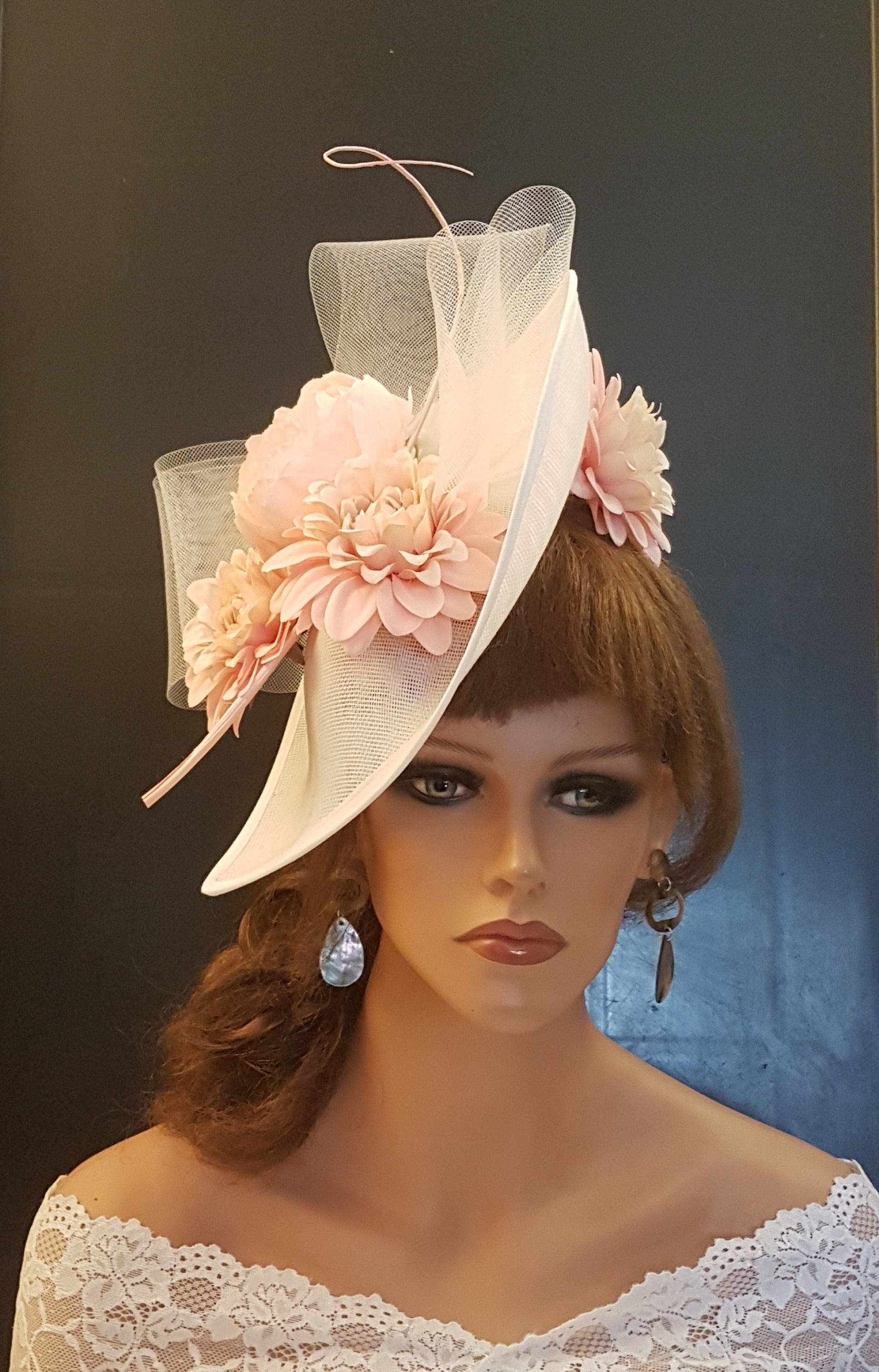 White Pink Floral Derby Hat: Quill Feather, Wedding Guest Fascinator