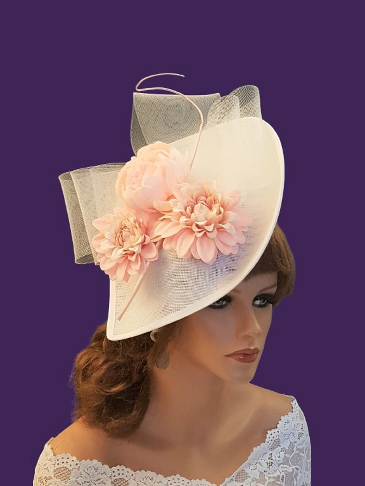 White Pink Floral Derby Hat: Quill Feather, Wedding Guest Fascinator