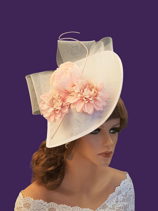 White Pink Floral Derby Hat: Quill Feather, Wedding Guest Fascinator