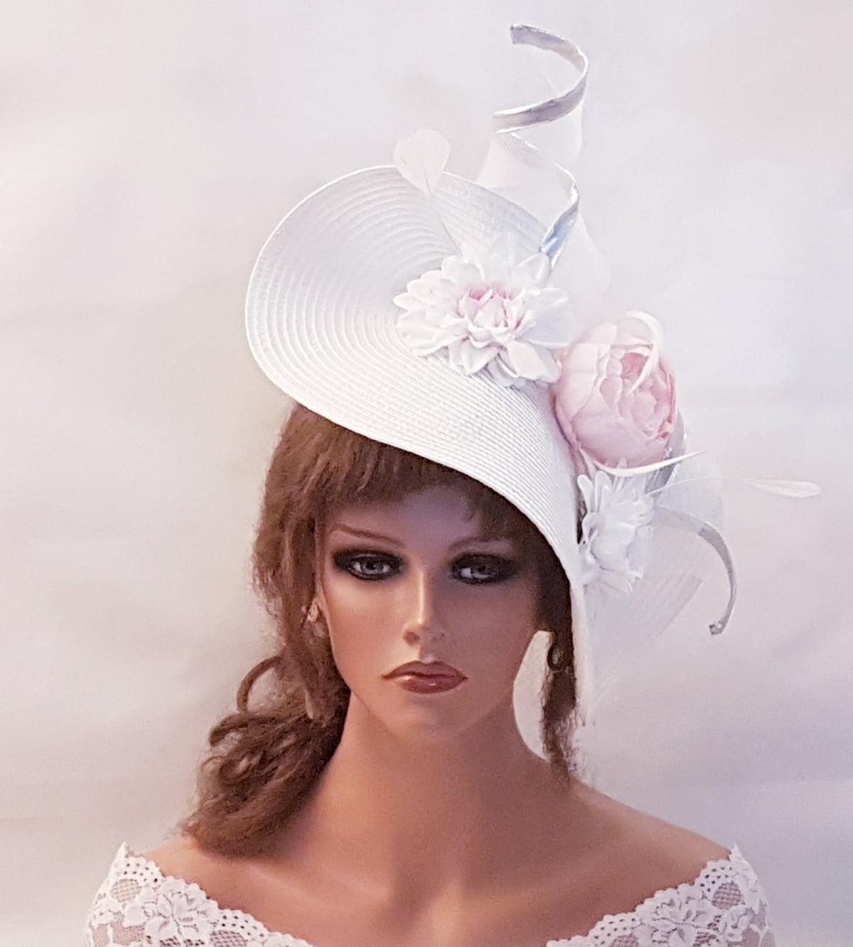 White & Pink Fascinator: Derby Wedding Hatinator with Silver Crin Swirl
