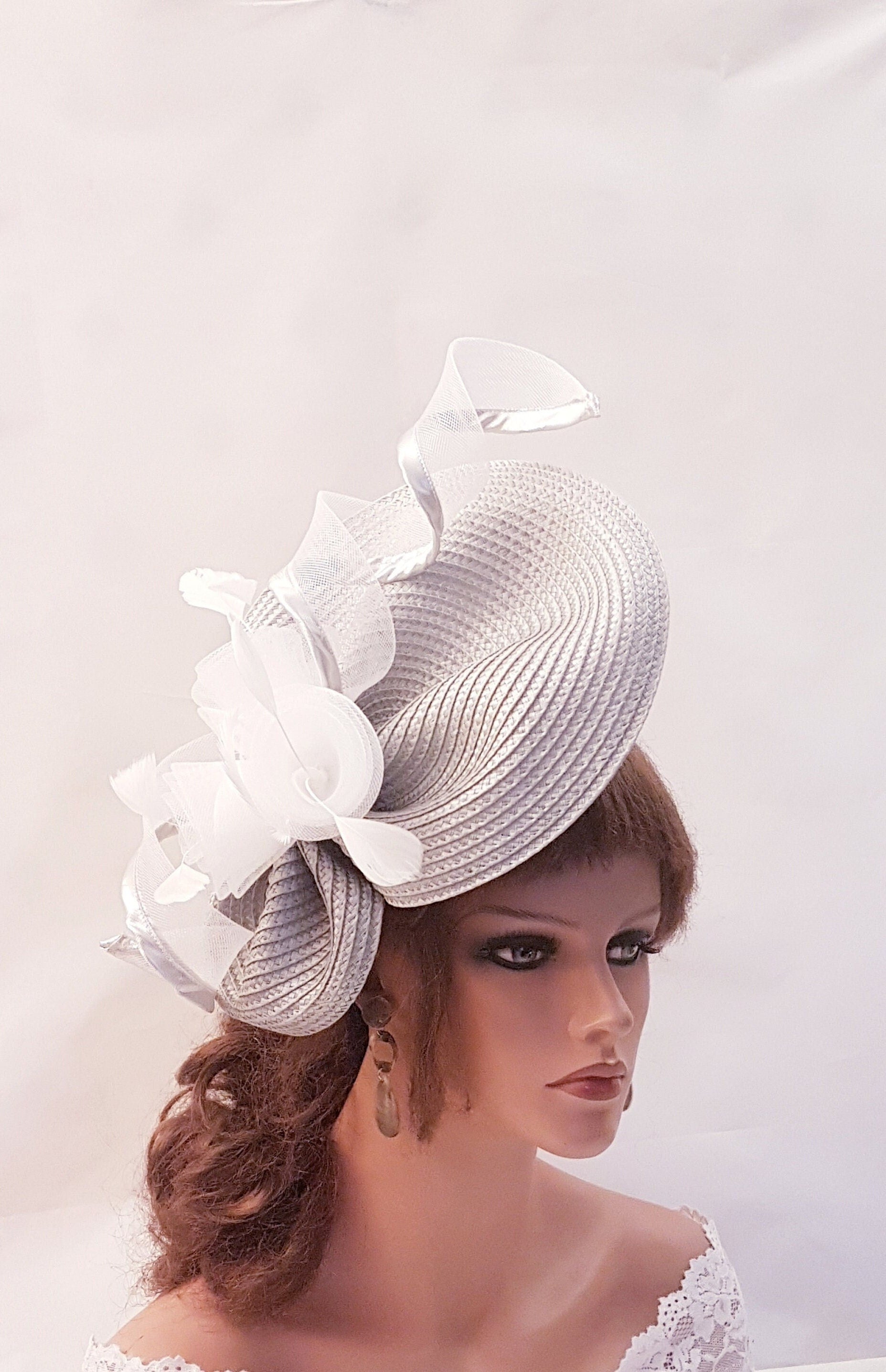 Silver grey mother of the bride fascinator hat 