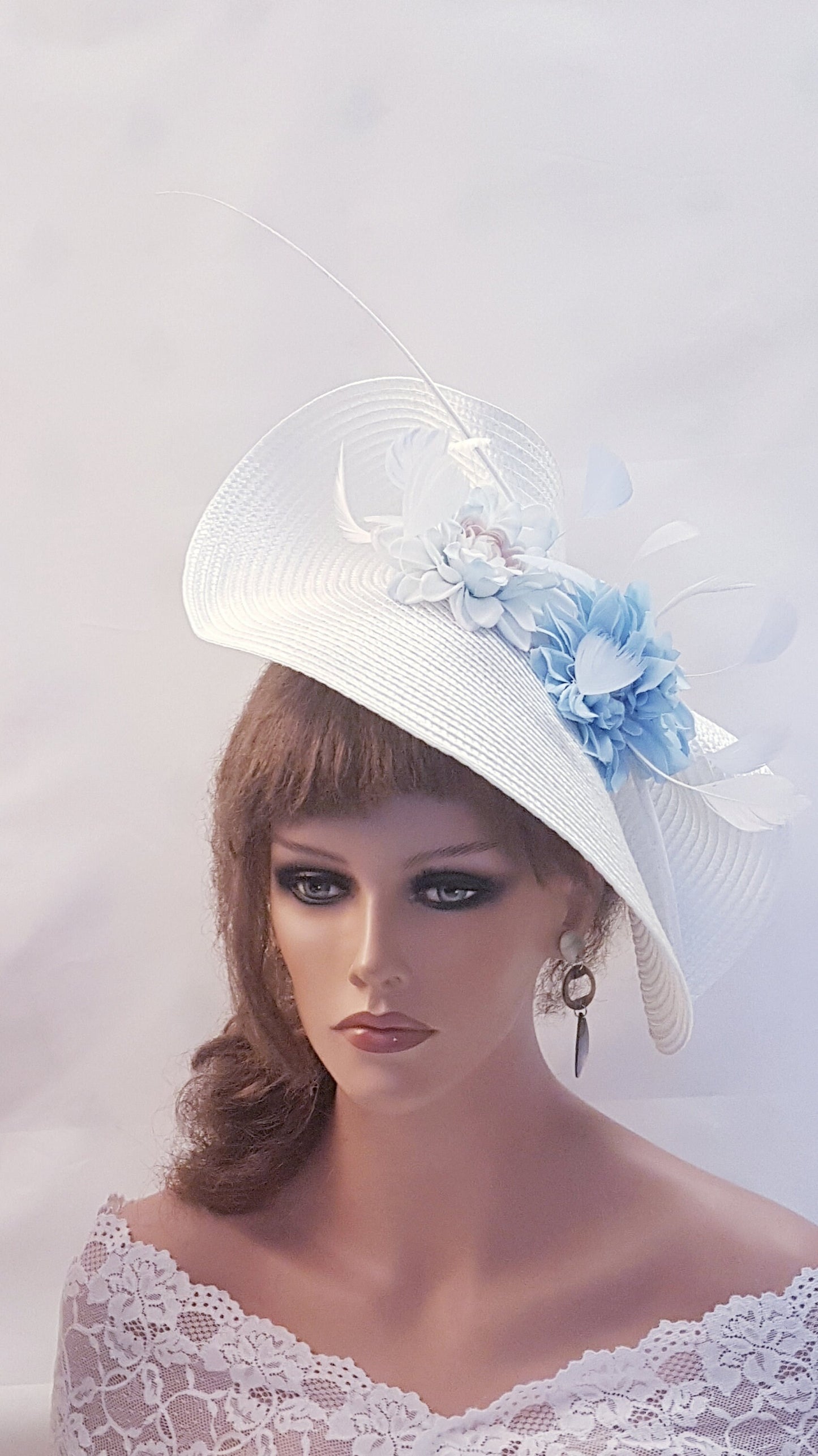 White & Blue fascinator large saucer hatinator Quil Floral Church Derby Ascot Race Wedding TeaParty hat Mother of Bride/Groom Hat Fascinator