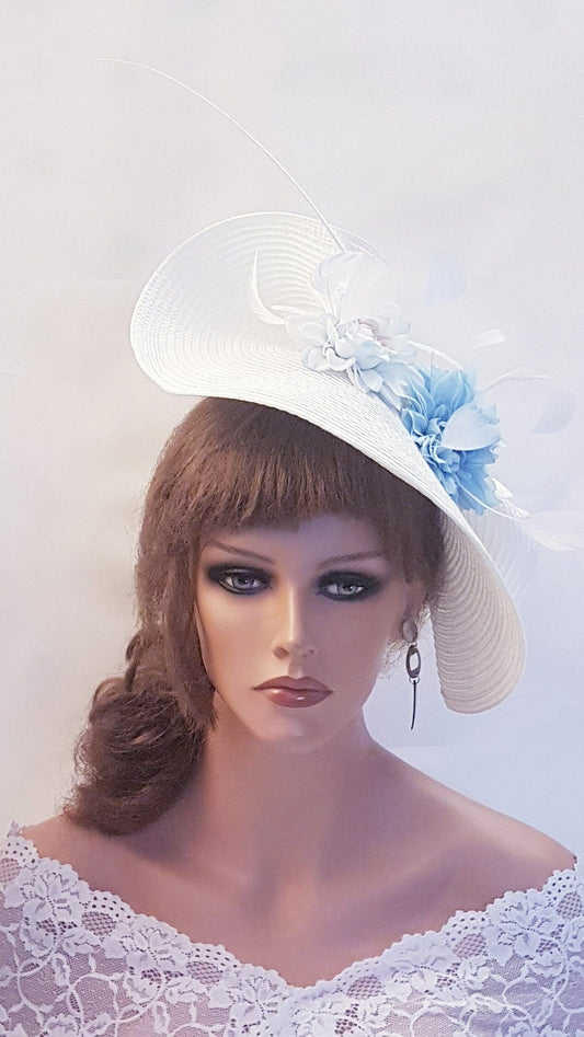 White & Blue fascinator large saucer hatinator Quil Floral Church Derby Ascot Race Wedding TeaParty hat Mother of Bride/Groom Hat Fascinator