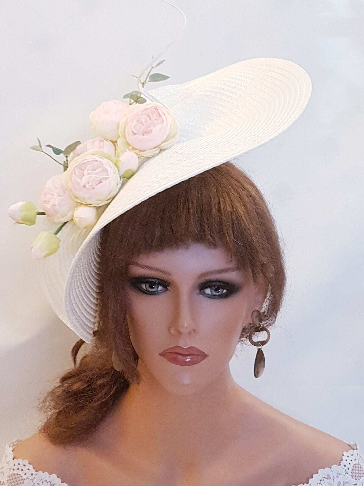 White Saucer Hatinator: Pink Floral Quill Feather Derby Hat
